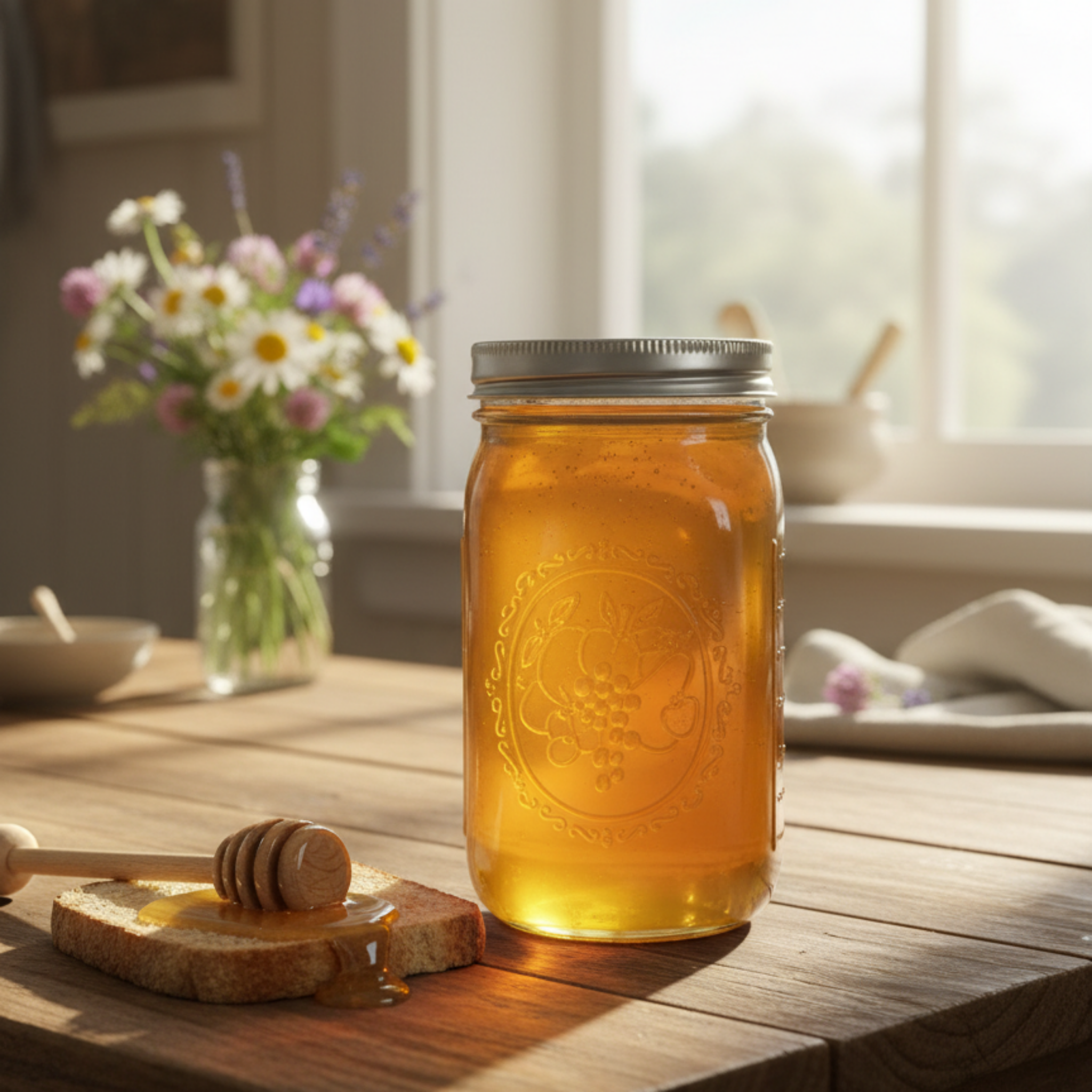 Honey 1 Quart in Glass Bottle in cozy kitchen setting