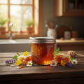 Raw Honey with Comb in Glass Jar